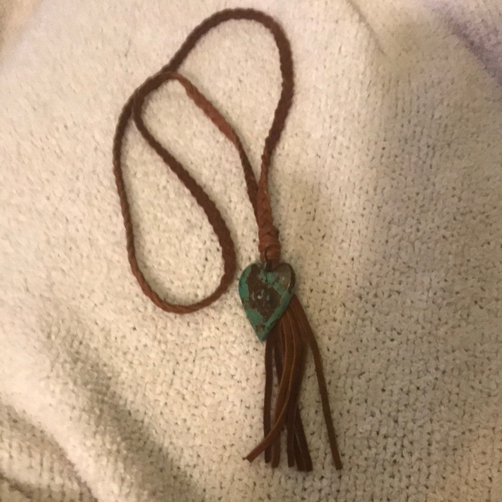 Artisan made Brown Leather Braided Necklace with Turquoise Heart & Tassel